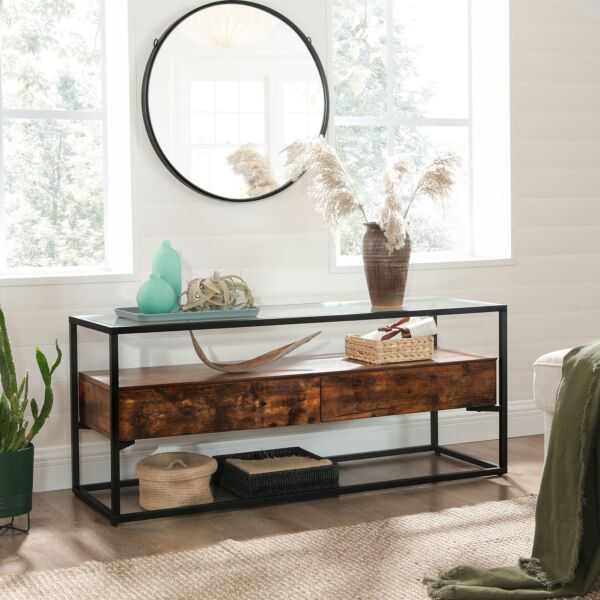 طاولة تلفزيون هوقا سيمبل خشب و ستيل و سطح زجاج بني و أسود - 120x40x50 سم