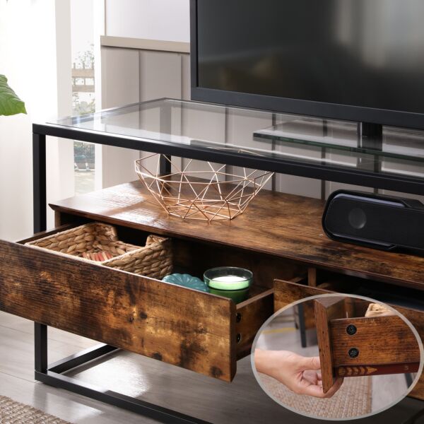 طاولة تلفزيون هوقا سيمبل خشب و ستيل و سطح زجاج بني و أسود - 120x40x50 سم