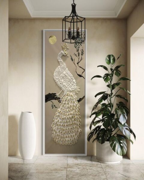 لوحة جبسية شكل طاووس مقاس 80x200 سم - برواز بني