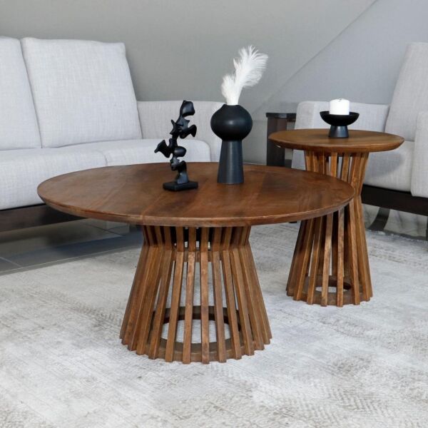 طقم طاولة قهوة وطاولات جانبية 3 قطع خشب هندي طبيعي سان - بني فاتح