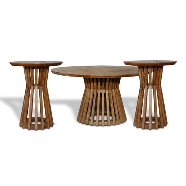 طقم طاولة قهوة وطاولات جانبية 3 قطع خشب هندي طبيعي سان - بني فاتح