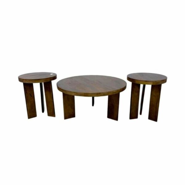 طقم طاولة قهوة وطاولات جانبية 3 قطع خشب هندي طبيعي - بني