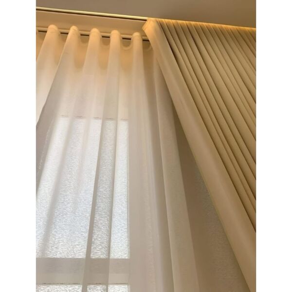 ستائر ويفي خطين بلاك اوت و شيفون - 350x300 سم بيج