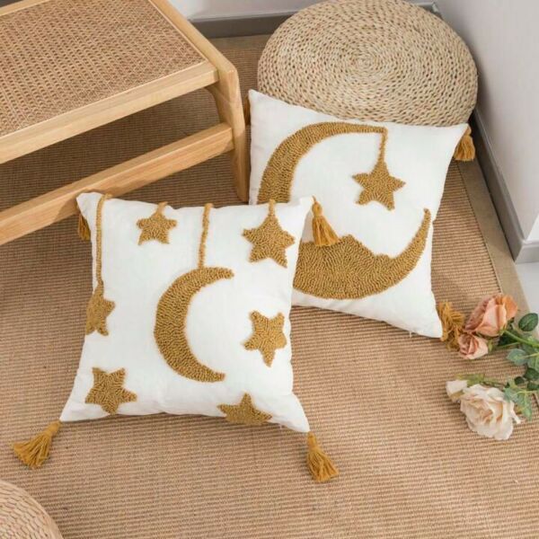 غطاء وسادة ديكور نجوم و هلال بدون حشوة - اصفر