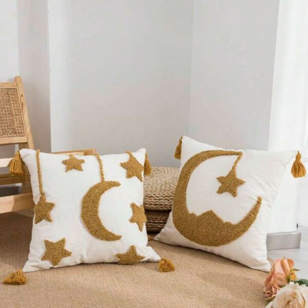 غطاء وسادة ديكور نجوم و هلال بدون حشوة - اصفر
