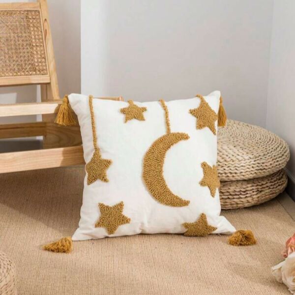 غطاء وسادة ديكور نجوم و هلال بدون حشوة - اصفر