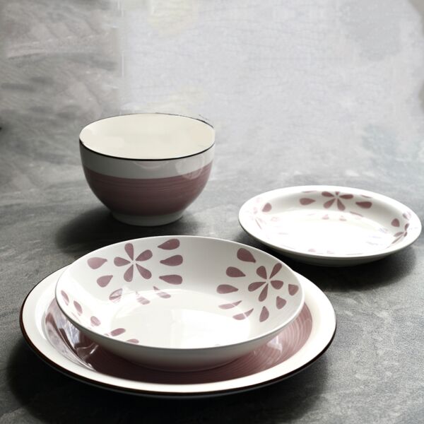 طقم صحون عشاء 4 اشخاص رسم يدوي - وردي