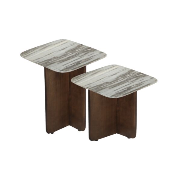 طقم طاولتين جانبية سطح رخامي قطعتين بيلو - رمادي وبني