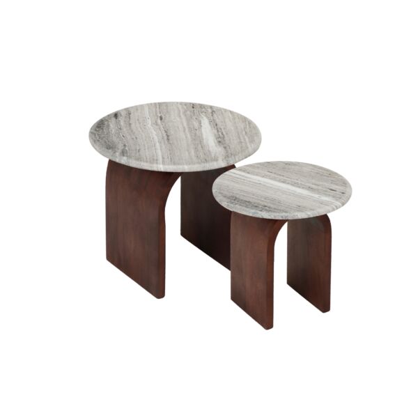 طقم طاولتين جانبية سطح رخامي قطعتين بيلين - رمادي وبني