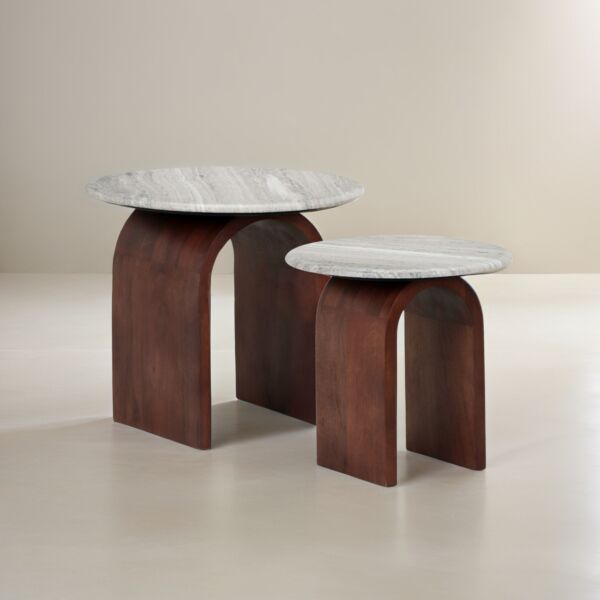 طقم طاولتين جانبية سطح رخامي قطعتين بيلين - رمادي وبني