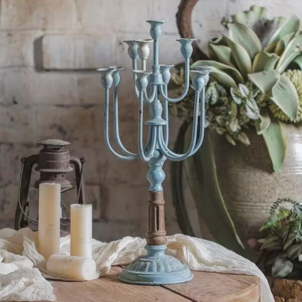 شمعدان حديد ريفي انتيك دانالي - ازرق فاتح