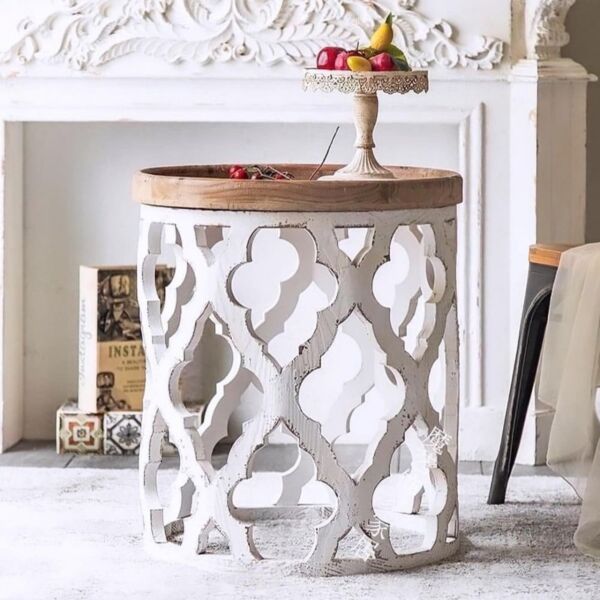 طاولة جانبية خشب ريفي حفر إسكسا - ابيض