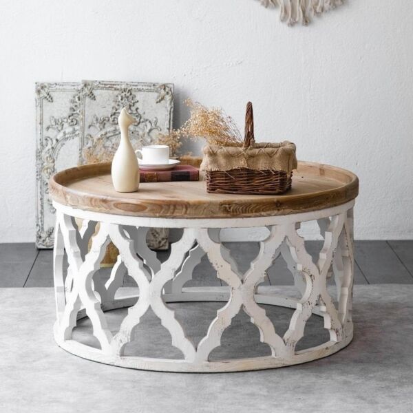 طاولة قهوة خشب ريفي حفر إسكسا - ابيض