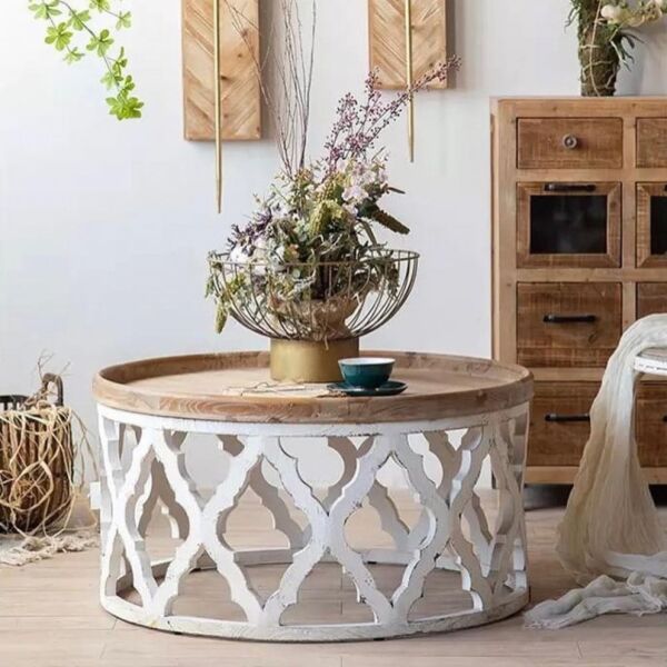 طاولة قهوة خشب ريفي حفر إسكسا - ابيض