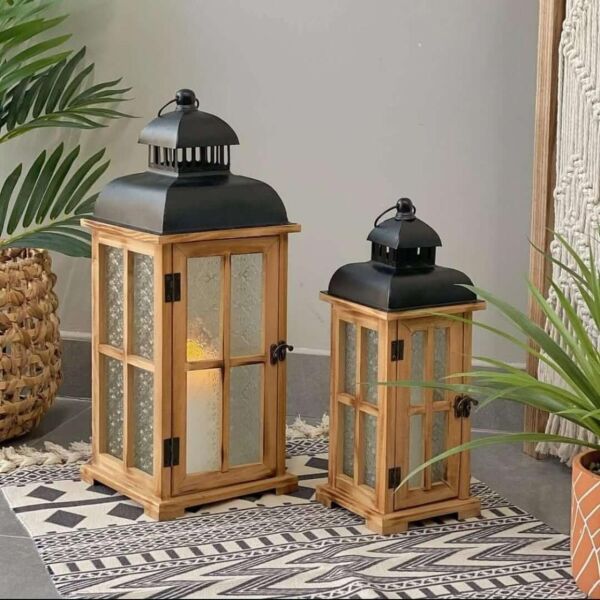 طقم فانوس الينا قطعتين - خشبي واسود