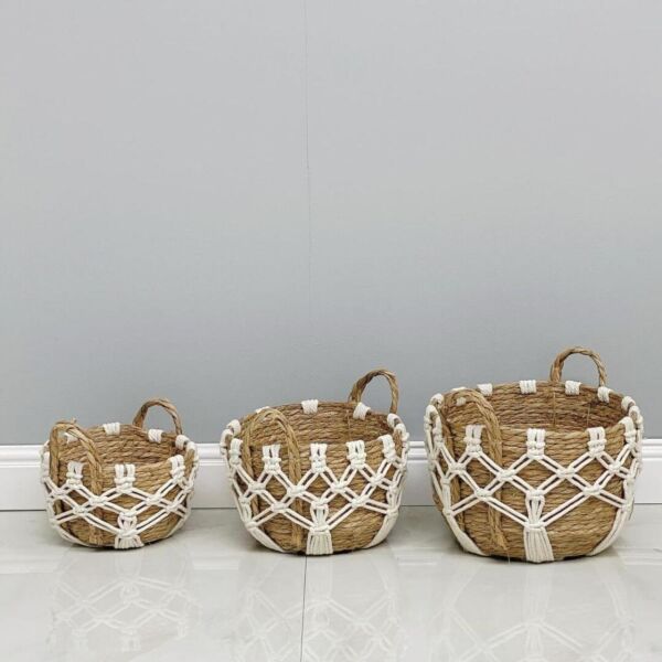 طقم سلال قش وحبال مكرمية 3 قطع