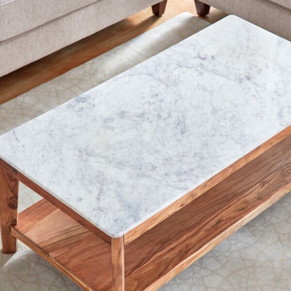 طاولة قهوة من الخشب الصلب برف وسطح رخام من ميدتاون