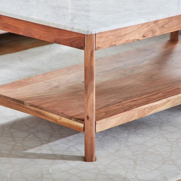 طاولة قهوة من الخشب الصلب برف وسطح رخام من ميدتاون