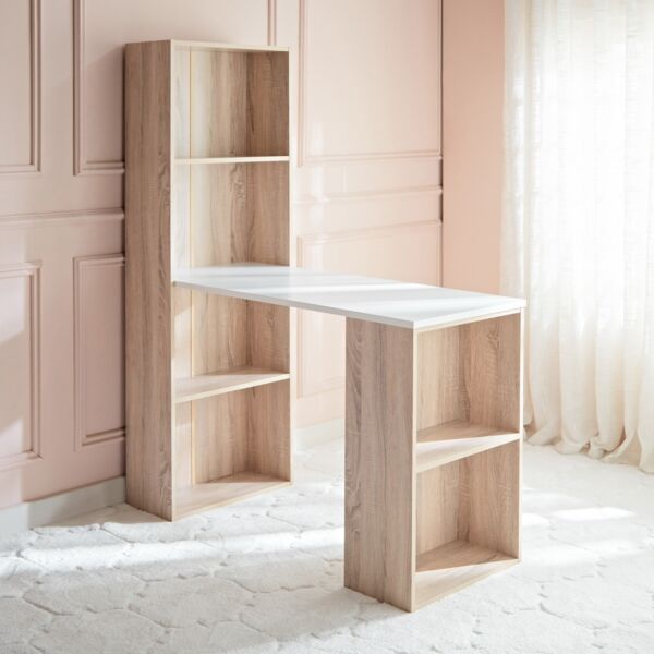 مكتب دراسة طويل بسطح ميلامين مع خزانة كتب من أكسفورد