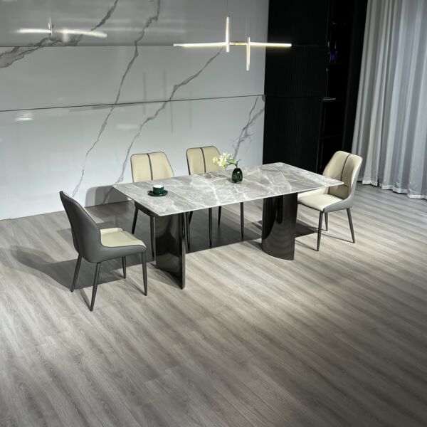 طقم طاولة سفرة و6 مقاعد بسطح حجري متكلس من تيتانيوم