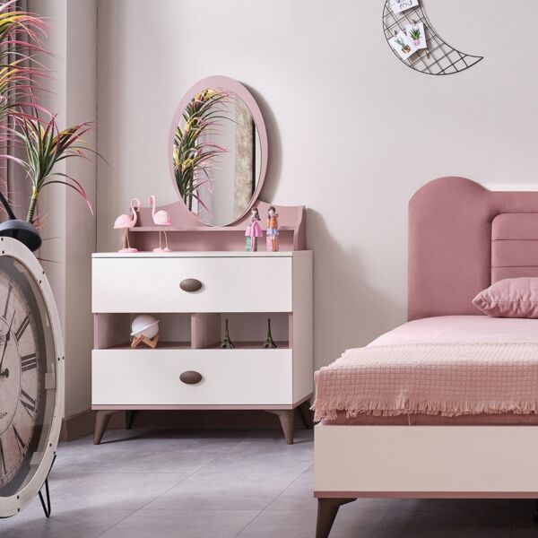 طاولة تزيين بمرآة ودرجين وأرفف مفتوحة - مايبيل