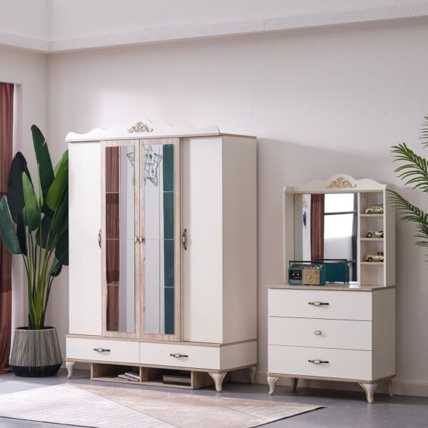 طاولة تزيين بمرآة و 3 أدراج ومساحة تخزين وأرفف - ميدر