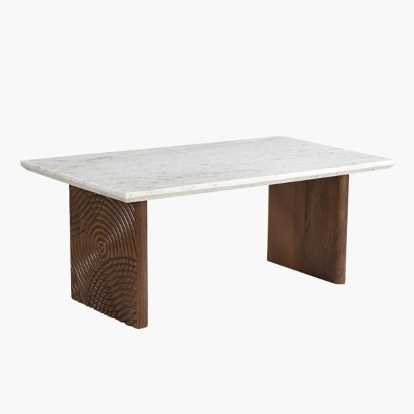 طاولة طعام لـ6 مقاعد بسطح منقوش من الرخام الأصلي وقاعدة من الخشب الصلب