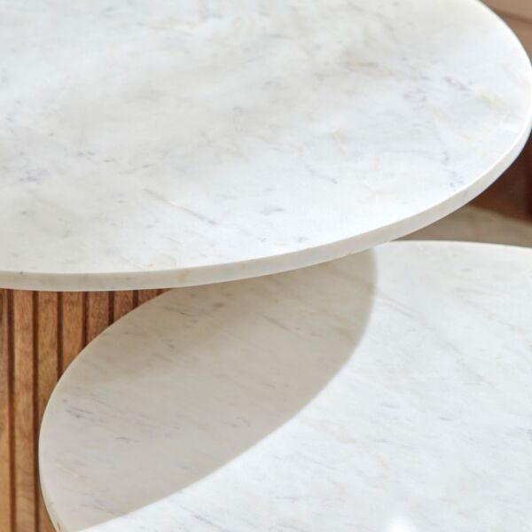 طاولة قهوة مستديرة من الرخام الأصلي من قطعتين مع قاعدة من الخشب الصلب