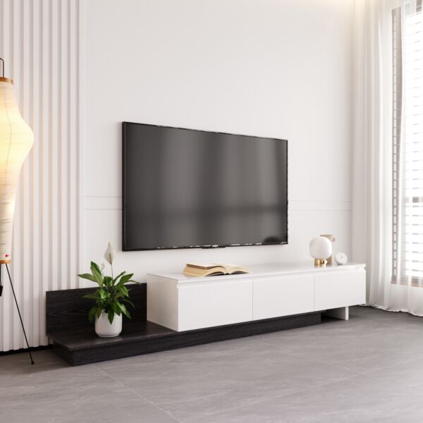 طاولة تلفزيون 98 بوصة قابلة للتمدد سطح حجر ملبد غلاسيا - أسود وأبيض لامع