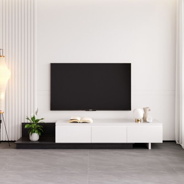 طاولة تلفزيون 98 بوصة قابلة للتمدد سطح حجر ملبد غلاسيا - أسود وأبيض لامع