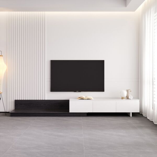 طاولة تلفزيون 98 بوصة قابلة للتمدد سطح حجر ملبد غلاسيا - أسود وأبيض لامع