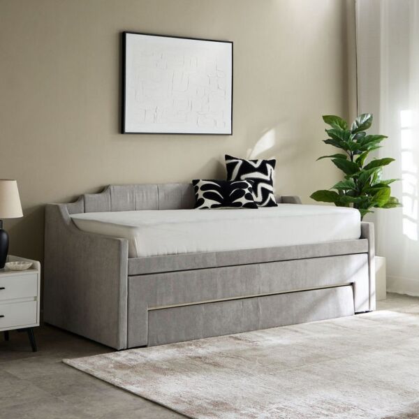 سرير نهاري مفرد منجّد مع سرير سحب ودرج من باركفيل - 90x200 سم