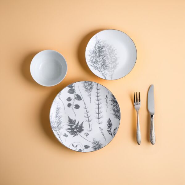 طقم صحون عشاء يمام 12 قطعة - ابيض ورمادي