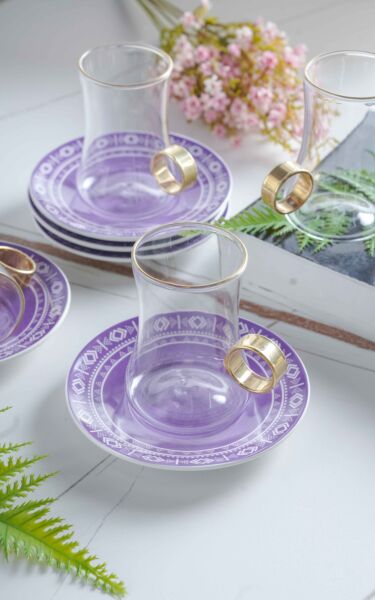 طقم بيالات شاي خزامى زجاج شفاف مقابض ذهبي 12 قطعة