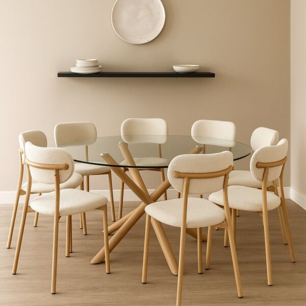 طقم طاولة طعام 8 اشخاص ريكو - بني وشفاف