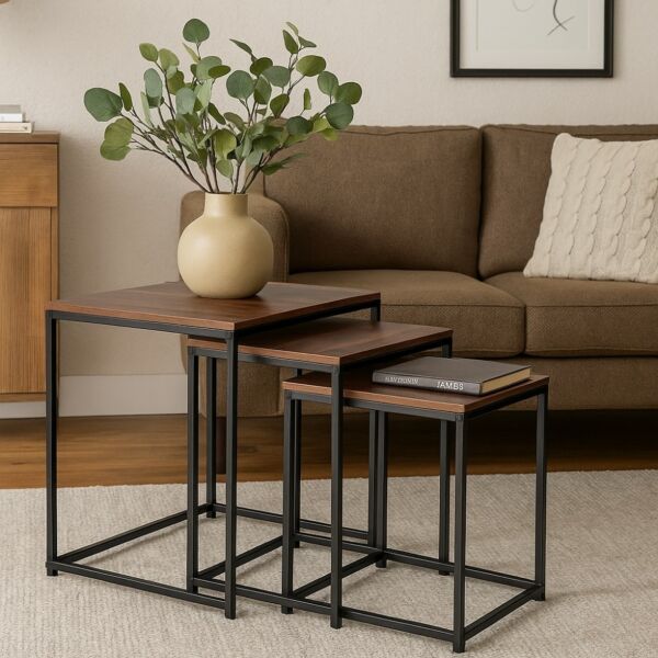 طقم طاولات خدمة مربعة خشب ومعدن