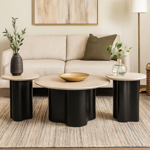 طقم طاولة قهوة 3 قطع سكون - بيج واسود
