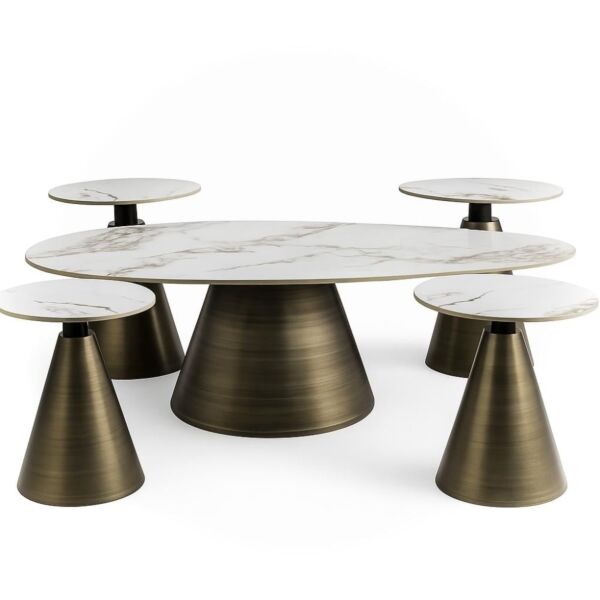 طقم طاولة قهوة وطاولات جانبية 5 قطع ريكالا - ابيض ونحاسي