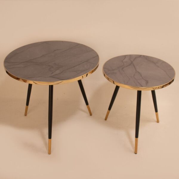 طقم طاولتين مستديرة سطح رمادي من الخشب والارجل حديد