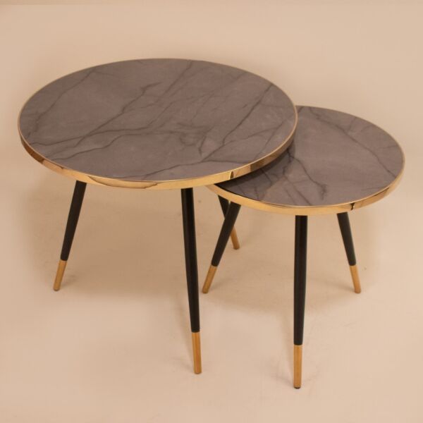 طقم طاولتين مستديرة سطح رمادي من الخشب والارجل حديد