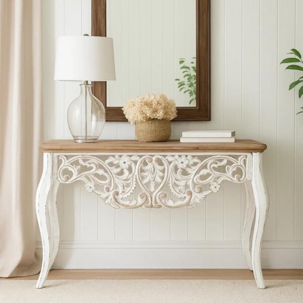 كونسول بوهيمي خشبي سوارا - ابيض