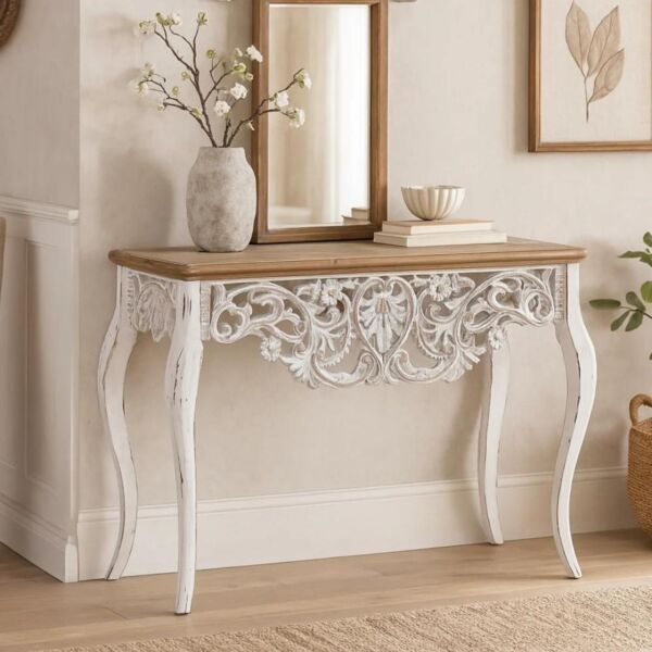 كونسول بوهيمي خشبي سوارا - ابيض