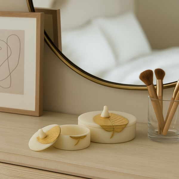 طقم علبة ديكوريه بغطاء امارتشا - 2 قطع - بيج