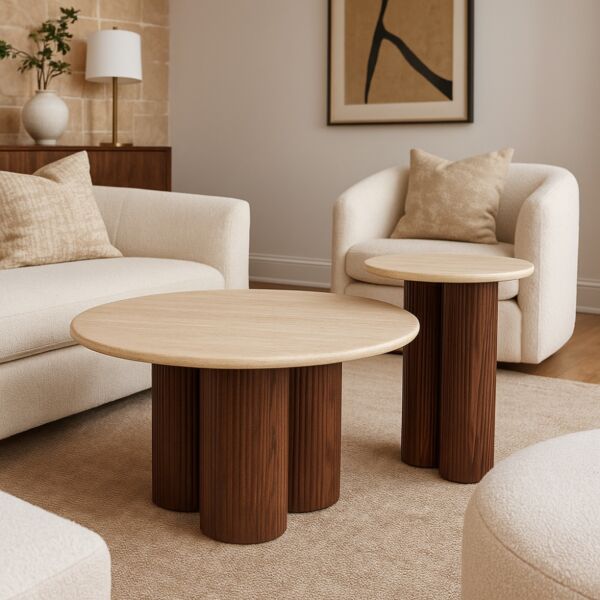 طقم طاولة قهوة شيا - 2 قطع - بني وبيج