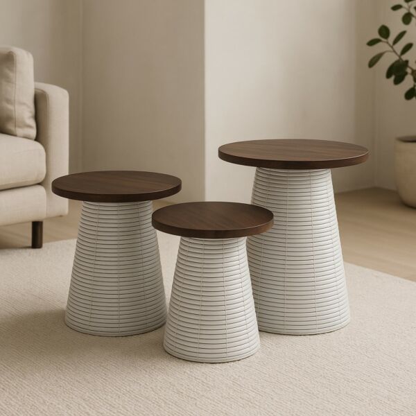 طقم طاولات خزف - ابيض وبني