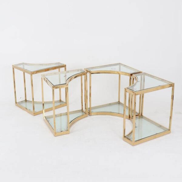 طقم طاولات خدمة ستيل ذهبي بأسطح زجاجية