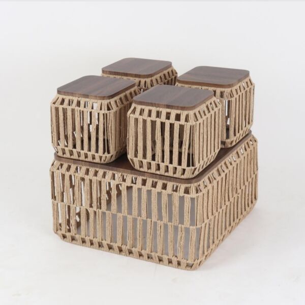 طقم طاولة قهوة خزف بسطح خشبي - بيج وبني