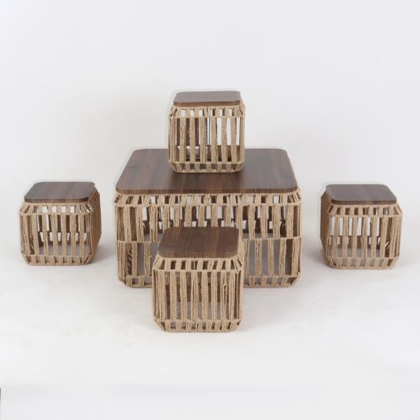 طقم طاولة قهوة خزف بسطح خشبي - بيج وبني