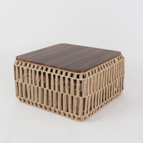 طقم طاولة قهوة خزف بسطح خشبي - بيج وبني