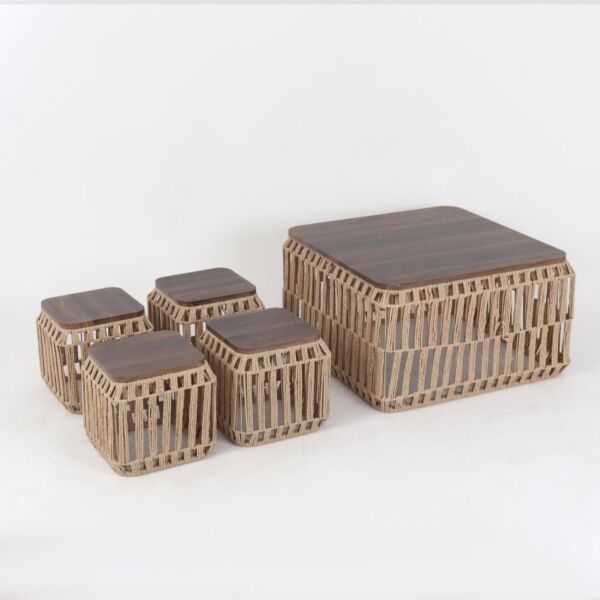 طقم طاولة قهوة خزف بسطح خشبي - بيج وبني